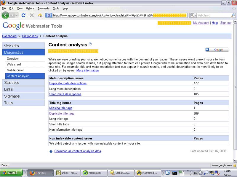 Google Webmaster Tools screenshot Content analysis